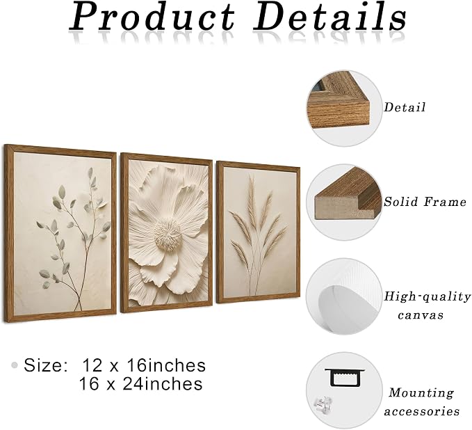 JLTULT 3 Piece Framed Neutral Beige Floral Canvas Wall Art, Modern Simple Texture Blossom Wall Decor, Vintage Botanical Flower Art Prints for Living Room Bedroom Farmhouse 12x16 inch Ready to Hang