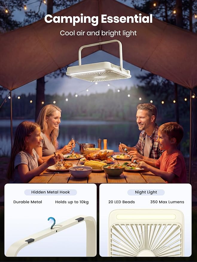 Warmco 20000mAh Battery Powered Fan, 8-Inch Ultra-Slim Portable Camping Fan with LED Lantern, Up to 48H Runtime Rechargeable Desk Fan for Bedroom, Outdoor, Tent, Travel, Cruise Ship Essentials