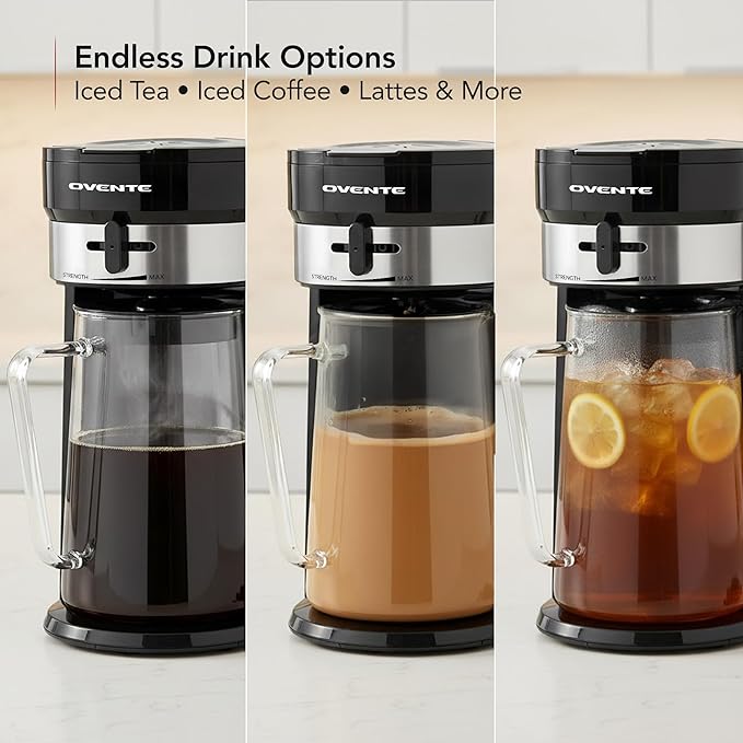 OVENTE Iced Tea Maker and Iced Coffee Maker with 3QT Pitcher, Sliding Brew Strength Selector for Taste Customization and Reusable Filter, Ideal for Lemonade, Latte and Flavored Water, Black CMT215B