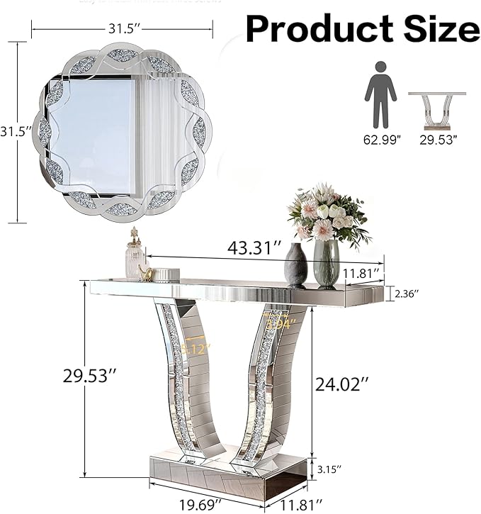 SSLine Modern Mirrored Entryway Table with Round Wall Mirror Set of 2 Luxury Silver Mirror Console Table with 31.5" Wave Frame Decor Mirror,Crush Diamond U-Shape Hallway Table for Living Room Entrance