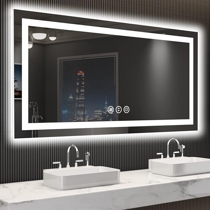 LOAAO 55"X30" LED Bathroom Mirror with Lights, Anti-Fog, Dimmable, Backlit + Front Lit, Lighted Bathroom Vanity Mirror for Wall, Memory Function, Tempered Glass, ETL Listed