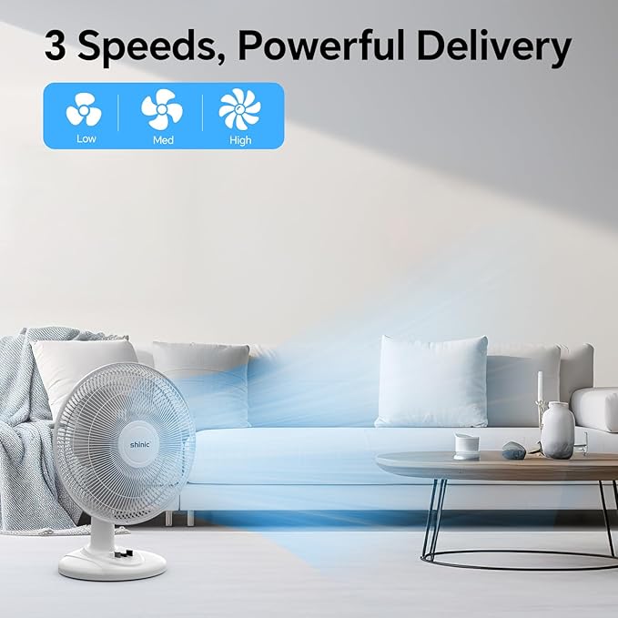 shinic 12-Inch Oscillating Table Fan, 3-Speed Quiet Desk Fan with Adjustable Tilt & Safety Grill, ETL Listed Portable Tabletop Fan for Bedroom, Home Office, Kitchen, Dorm