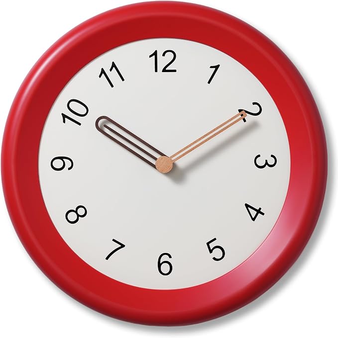 Mosewa 10 Inch Red Wall Clock Silent Non-Ticking Quartz Battery Operated Analog Clock with Wood Hands, Easy to Read Minimalist Round Clock for Kitchen Living Room Bedroom Office