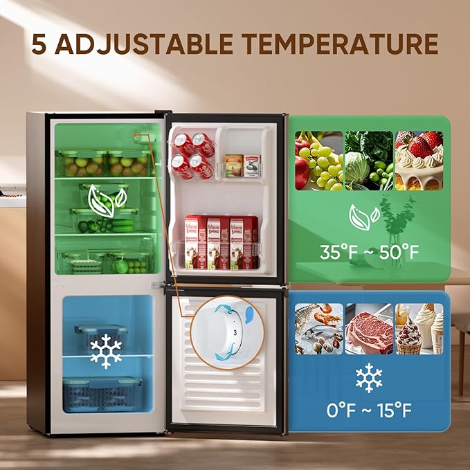 Upstreman 4.0 Cu.Ft Mini fridge with Bottom Freezer, Double Door, Low Noise Large Capacity Fridge, for Bedroom, Apartment, Kitchen, BM40 (Stainless)