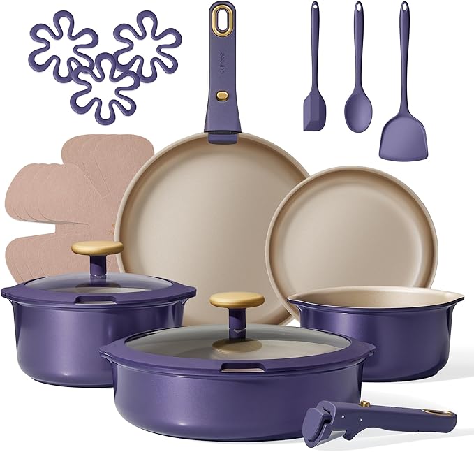 CAROTE 19 Pcs Pots and Pans Set, Nonstick Cookware Sets with Detachable Handle, Purple Dishwasher Safe, Oven Safe, Cookware Non Stick Cooking Set w/Frying Pans & Saucepans(PFOS, PFOA Free)