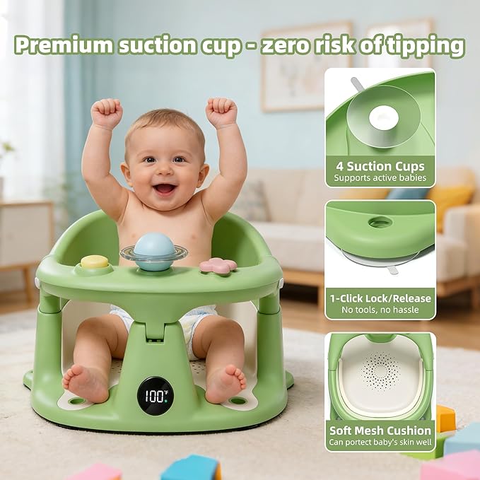 Baby Bath Seat for Babies 6 Months & up with Thermometer, Non-Slip Toddler Bath Seats for Sitting Up, Safe Infant & Newborn Bathtub Chair with 4 Suction Cups, Soft Cushion & Temperature Display, Green