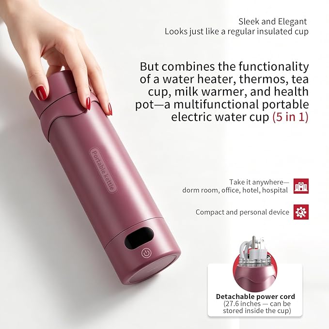 Insulated Stainless Steel Travel Electric Kettle Small, Smart Water Bottle with 4 temperature control, Leak-Proof, Mini Travel Essentials Portable Office Gifts for Tea Lovers, Black Cherry
