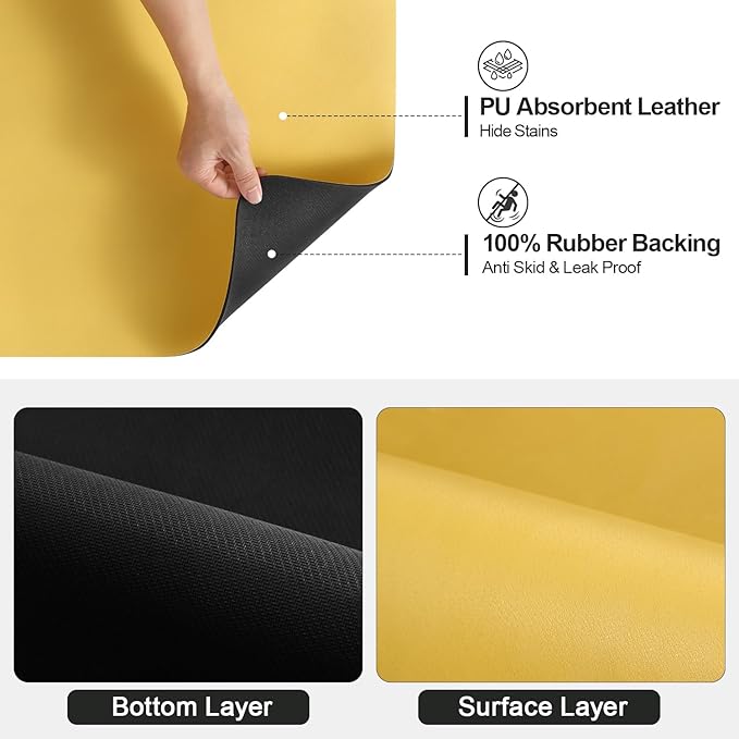 Ecotrim Absorbent Coffee Mat , Stain Hiding PU Leather Surface, Non-Slip Natural Rubber Backing, Quick Dry Mat for Espresso Machine, Kitchen Counter ,Yellow | 17" x 31.5"