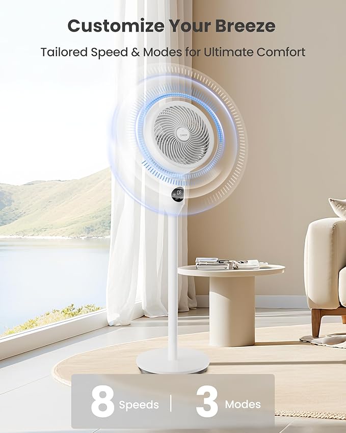 Candy Standing Fan for Bedroom, 3 Heights Adjustable Pedestal Fan with Remote, 90° Oscillating Floor Fan, 8 Speeds & 3 Modes, 25dB Quiet Room Fan, 12H Timer, for Dorm, Home, Office