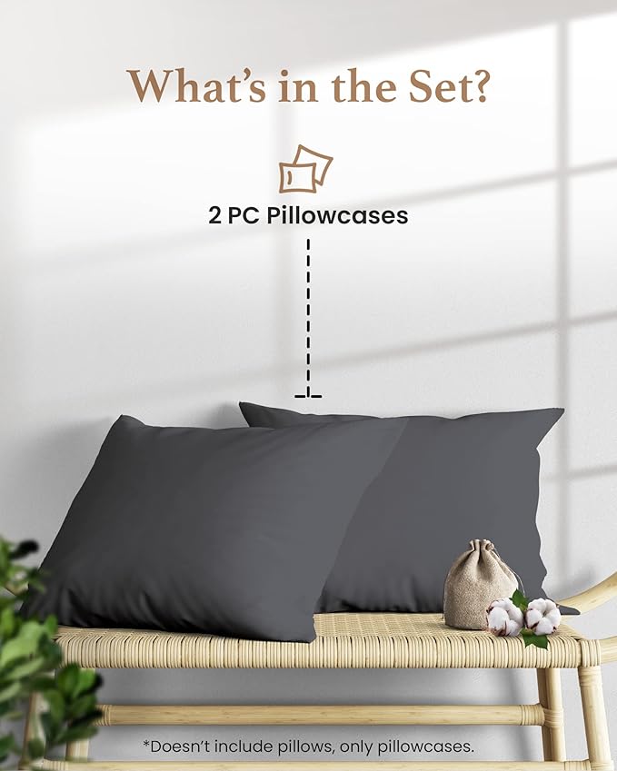 1000 TC Black Standard Pillowcases Set of 2 100% Egyptian Cotton Pillow Cases with Long Staple Cotton & Sateen Weave, Silky Soft Hotel - Like Bed Pillow Covers for Comfy Sleeping, Snug Fit