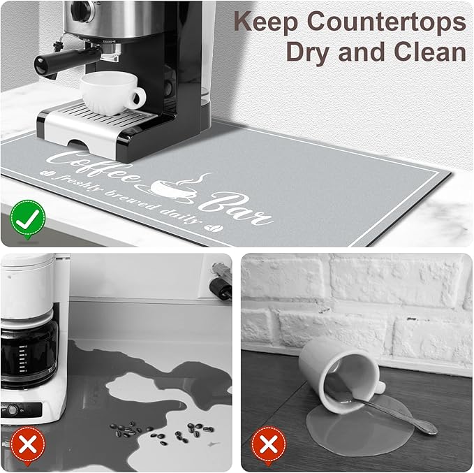 CooRug Absorbent Coffee Mat, Fashion Dish Drying Mat for Kitchen Counter Coffee Bar Accessories Espresso Machine Dish Rack 17" x 32" Light Grey