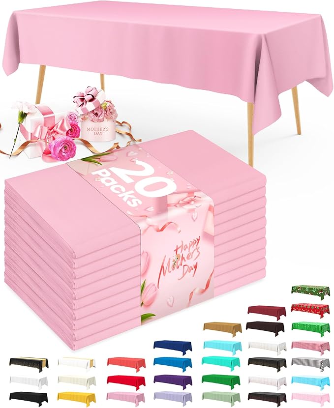 Pureegg Plastic Table Cloth Disposable 20 Pack, 54 x 108 Inch Table Cloths, Easter Party, Valentines, Mothers Day Decorations, Tablecloths, Rectangle, Pastel Plastic Cover, Leakproof & Sturdy, Pink