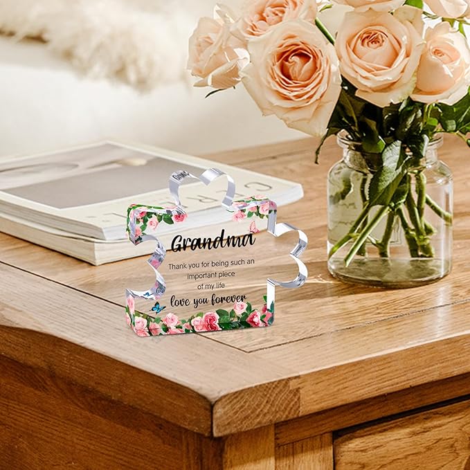 Mothers Day Mom Gifts for Grandma from Granddaughter Grandson - Cute Engraved Acrylic Block Puzzle Piece - Mother's,Christmas,Birthday, Anniversary Home Office Desk Presents Ideas for Women Her