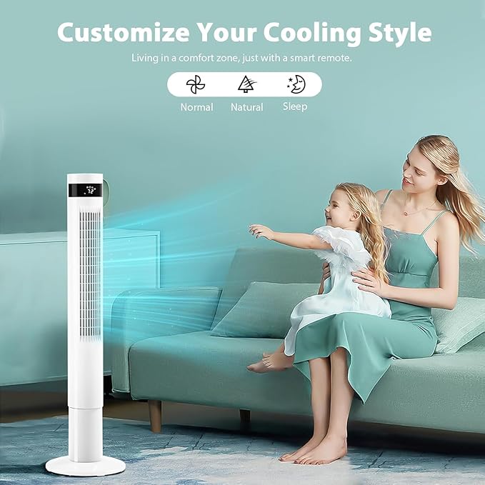 Antarctic Star Tower Fan 85°Oscillating Fan Quiet Cooling 12H Timer Remote Control Bladeless Electric 3 Speeds Wind 3 Modes, 42INCH, WHITE