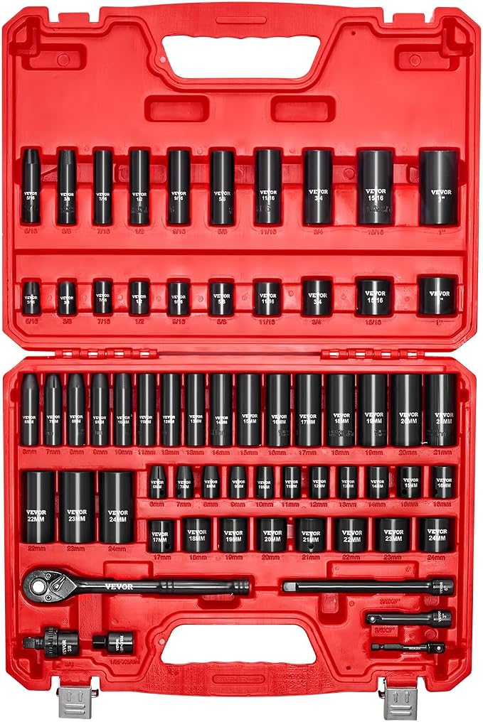VEVOR Impact Socket Set 3/8" Drive, 64-Piece Standard SAE (5/16 to 1 inch) & Metric (6 to 24 mm) Size, Deep & Shallow, 6 Point, CR-V, Ratchet Handle, Extension Bars, Universal Joint, Adapters