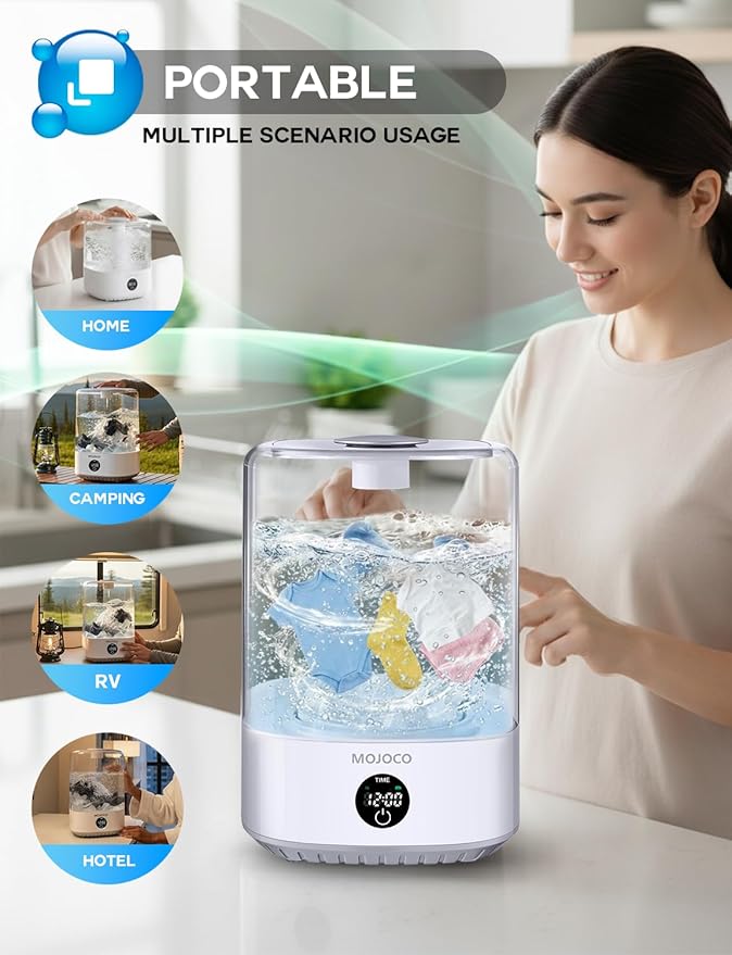 MOJOCO Mini Washing Machine - 4L Small Portable Washing Machine with 3 Wash Modes for Underwear, Socks & Baby Clothes - Rechargeable Countertop Mini Washer for Dorms, Hotels, Travel & Camping