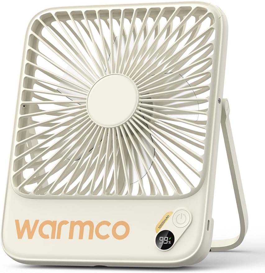 Warmco 10000mAh Portable Travel Fan 7-inch, Max 24H Runtime, Ultra-thin Quiet Rechargeable Battery Operated Desk Fan with Digital Display for Camping, Office, Bedroom, Cruise Essentials