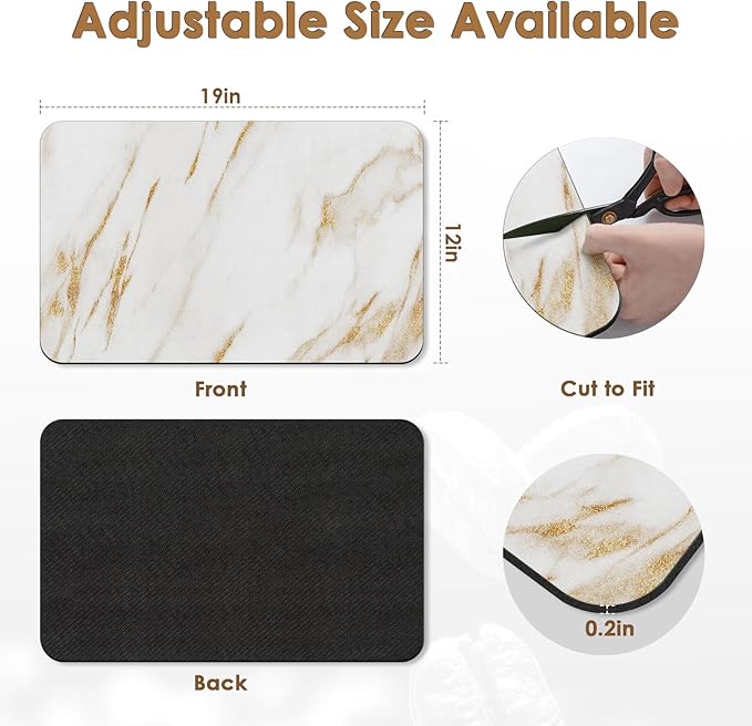 Arttown Coffee Mat for Countertops, Marble White Gold Dish Drying Mat 2 Pcs for Kitchen Bar Accessories, Fit Under Coffee Maker Espresso Machine Dish Rack Hide Stain Rubber Backed 12x19in