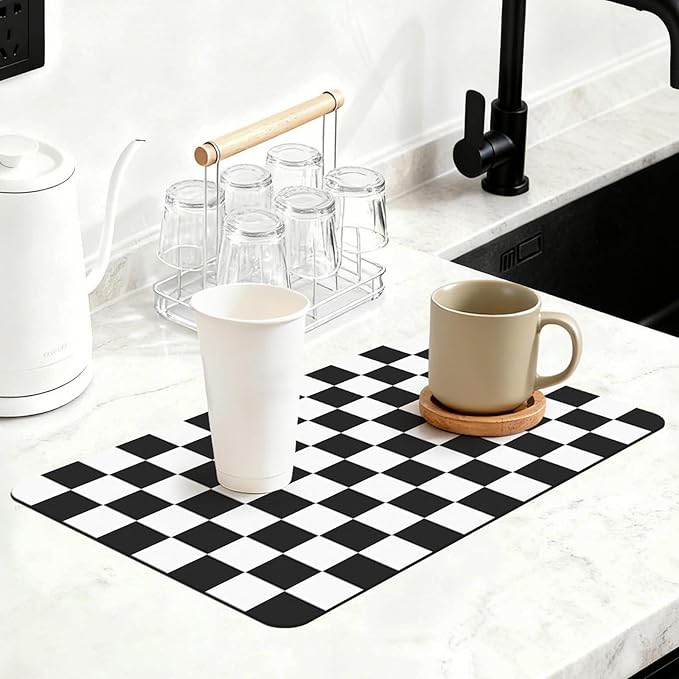 16" x 24" Checkered Dish Drying Mat for Kitchen Counter, Absorbent Coffee Bar Mat for Espresso Machine Coffee Countertops Accessories, Black