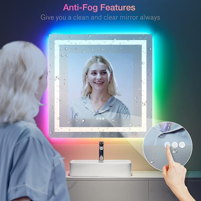 LOAAO 24"X30" RGB LED Bathroom Mirror with Lights, Anti-Fog, Dimmable, Lighted Bathroom Vanity Mirror, Multiple Light Modes, RGB Backlit + Front Light, Memory Function, Tempered Glass, ETL Listed