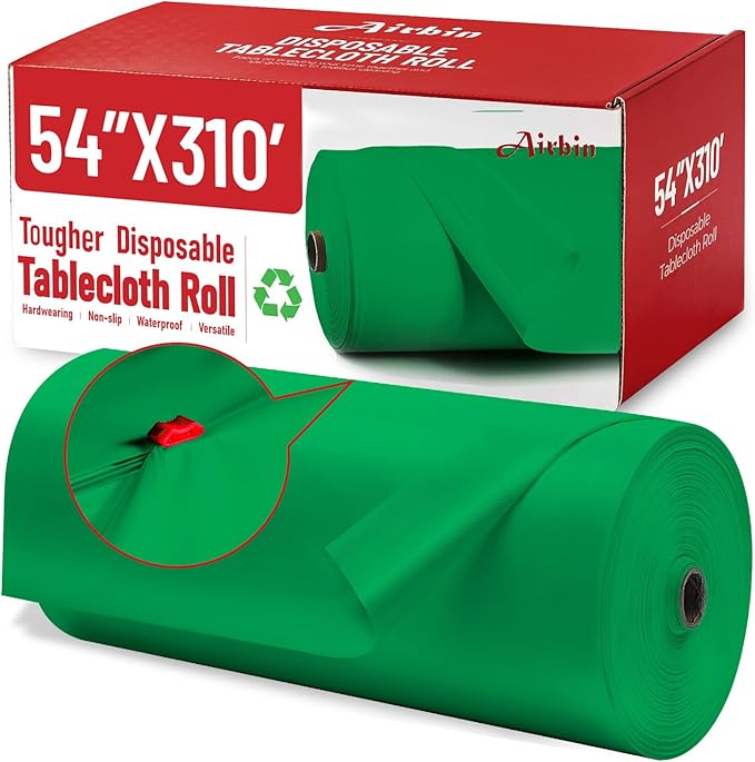 Plastic Table Cloth, 310 Ft X 54 in Plastic Table Cloth Disposable Green Tablecloth Premium PEVA with Any Cut Sliding Cutters Disposable Tablecloth for Picnics, Parties, Birthdays, Festivals