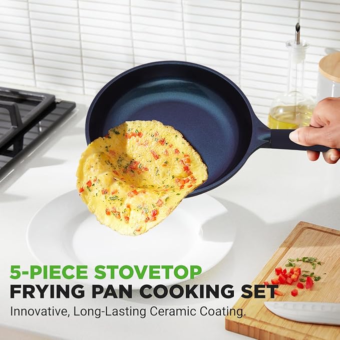 NutriChef Non Stick Frying Pans Set, 5-Piece Blue Diamond Ceramic Cookware with Lid, Nonstick Frying Pan for Gas, Electric, Ceramic & Induction Cooktops, PTFE/PFOA Free, Bakelite Soft-Touch Handles