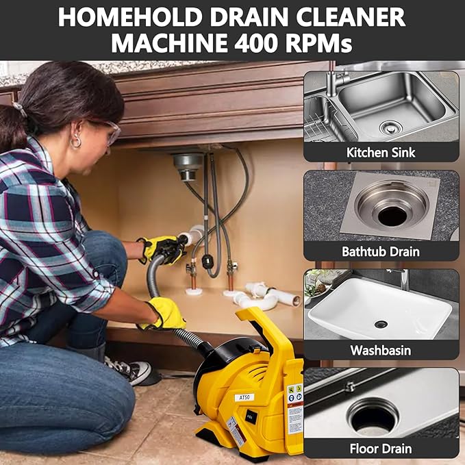 Electric Drain Cleaner Machine, 30FT Strong Flexible Cable, Auto-Feed Electric Drain Auger for 3/4"-2" Pipes, for Sinks, Tubs & Floor Drains, Enclosed Drum, Easy-to-Use DIY Clog Removal Tool