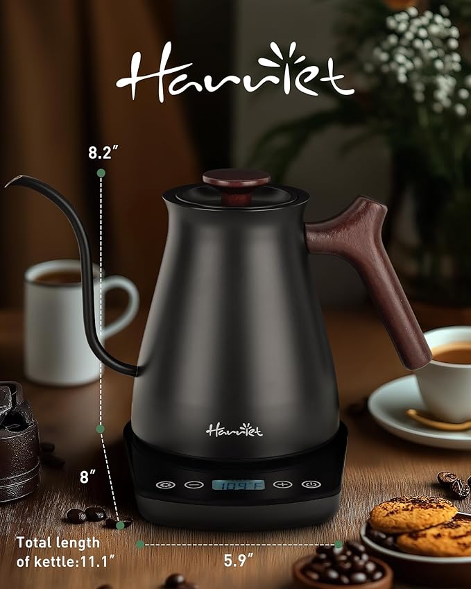 Harriet Gooseneck Electric Kettle - 1200W Fast Heat, 0.8L Stainless Steel, Precision Temp Control & Timer, Wood Handle, Pour Over Coffee and Tea, Black