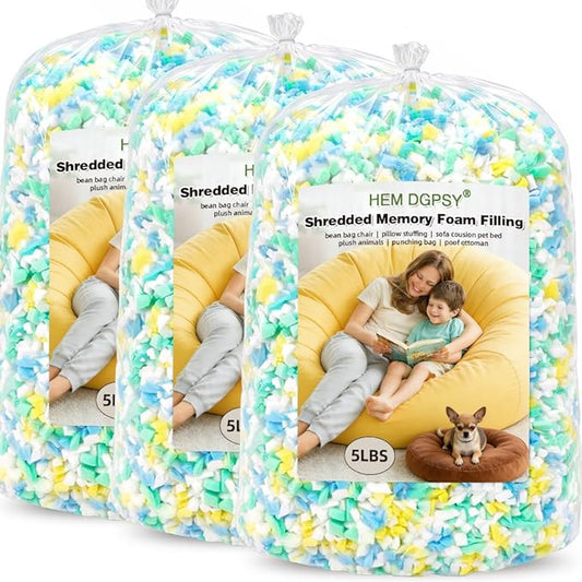 Bean Bag Filler 15lbs, Stuffing for Bean Bag Chair Refill, Shredded Memory Foam Filling for Punching Bag, Couch, Cushions, Dog Bed, Pillows (Multi Color)