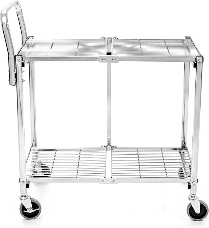 Stand Steady Original Tubstr Collapsible 2 Shelf Wire Cart, Easy to Push Heavy Duty Rolling Utility Cart, Folds Up for Storage, Commercial Grade (Chrome, 33.56” D x 18” W x 37.16” H)