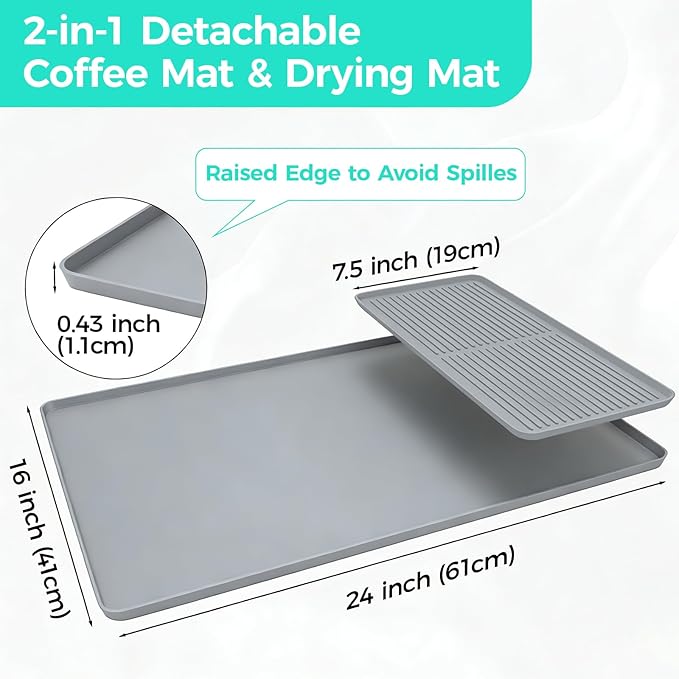 2-in-1 Coffee Mat & Dish Drying Mat Coffee Bar Mats for Countertop Coffees Matt for Counter Silicone Coffees Espresso Machine Station Mats Under coffe Maker Spill Matt Countertops Pot 24×16inch-Gray