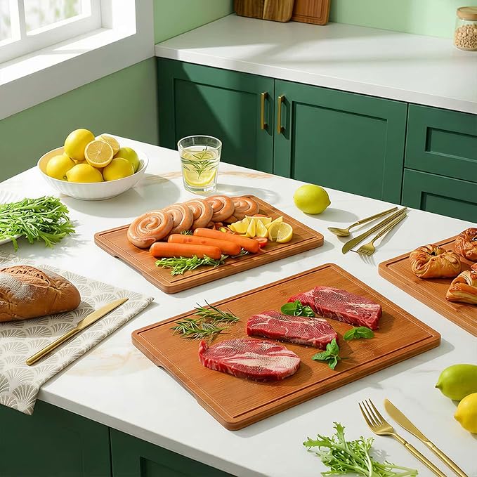 Zarler Bamboo Cutting Boards for Kitchen, Durable Wood Cutting Board with Juice Grooves and Handles, Wooden Chopping Board Set for Meal Prep, 500℉ Carbonized Bamboo, XL Size, Ideal Kitchen Gift