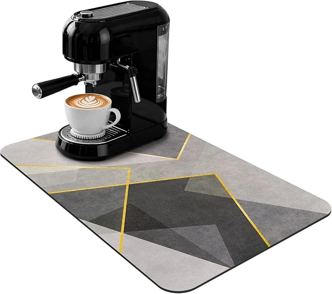 Coffee Mat 24x16 Inch, Gray Geometric Kitchen Coffee Mat, Absorbent Hide Stain Rubber Backed Dish Drying Mat for Kitchen Counter, Mat for Countertops,Under Coffee Bar Maker Machine Pot Espresso Staion