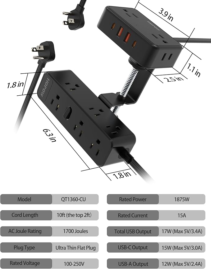 HOPOW Dual Layer Desk Clamp Power Strip, Desktop Edge Mount Charging Station with 13 Outlets 4 USB Ports (2 USB C), Under Desk Surge Protector(1700 Joules), 10 Ft Extension Cord for Office Home