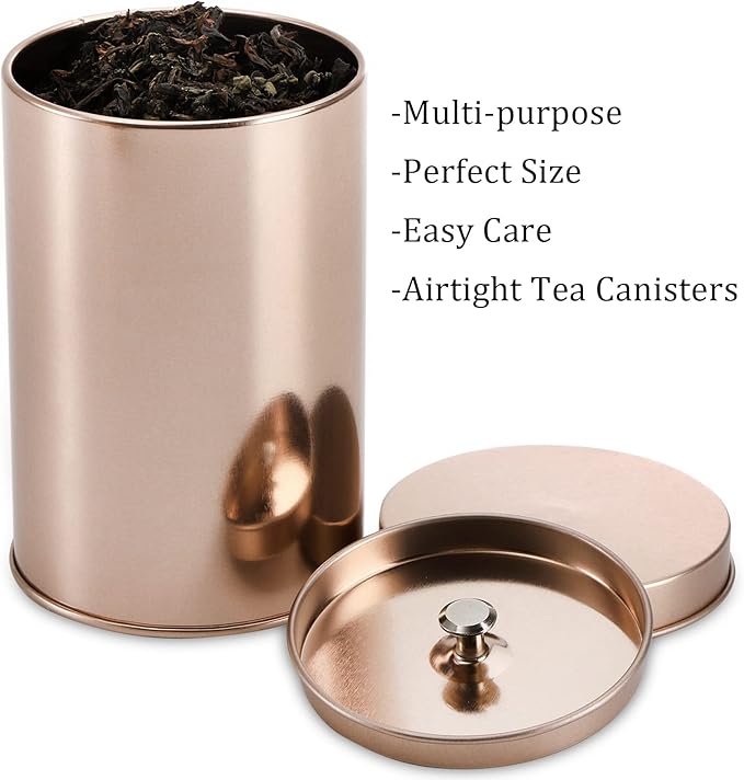 Yesland 6 Pack Tea Tin Canister with Airtight Double Lids, 12 Fluid Oz Tin Can Box and Small Round Kitchen Canisters for Loose Tea, Coffee, Candy, Herbs and Spices(Rose Gold)