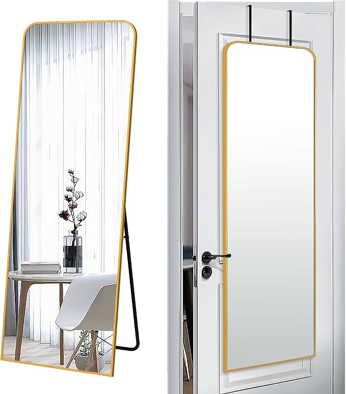 SCWF-GZ 57x20 Full Length Mirror Over The Door Hanging, Floor Stand/Wall Mounted Aluminum Alloy Frame Dressing Mirror for Bedroom Living Room 57 inch Gold
