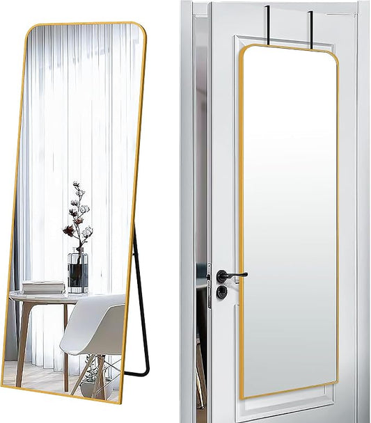 SCWF-GZ 57x20 Full Length Mirror Over The Door Hanging, Floor Stand/Wall Mounted Aluminum Alloy Frame Dressing Mirror for Bedroom Living Room 57 inch Gold