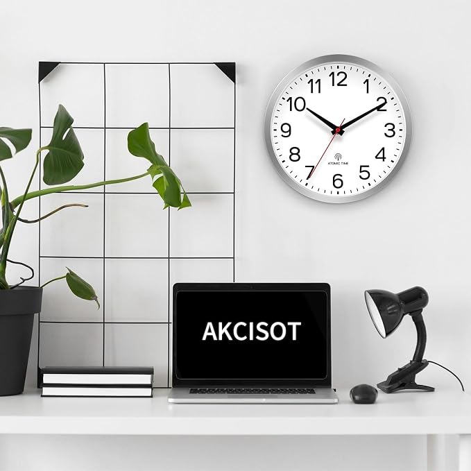 AKCISOT 12 Inch Wall Clock, Battery Operated Analog Clock, Silent Non-Ticking, Ideal for Bedroom, Bathroom, Kitchen, Office and School, Silver