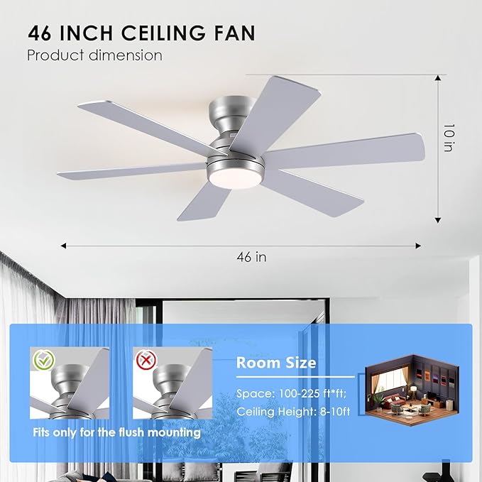 Asyko 46" Silver Low Profile Ceiling Fan with Light and Remote,Modern Flush Mount Ceiling Fans for Bedroom, Living Room, 6 Speeds, Dimmable, Timer, Quiet Reversible