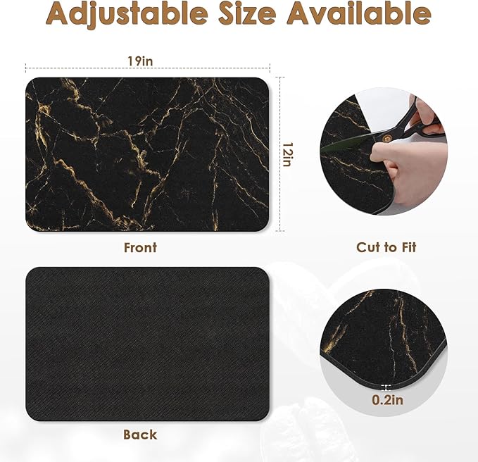 Arttown Coffee Mat for Countertops, Marble Black Gold Dish Drying Mat 2 Pcs for Kitchen Bar Accessories, Fit Under Coffee Maker Espresso Machine Dish Rack Hide Stain Rubber Backed 12x19in