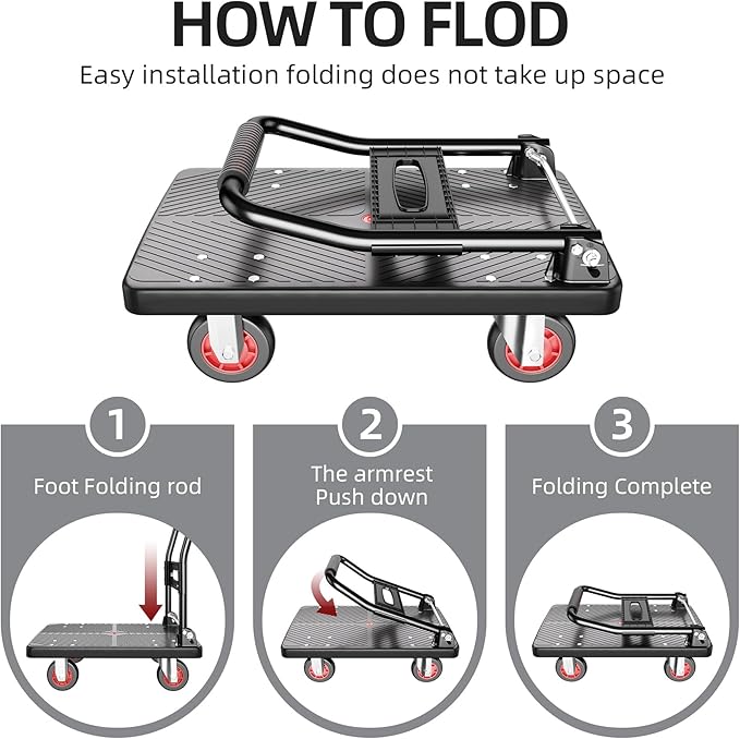 Upgraded Foldable Push Cart Dolly,560 lbs. Capacity Moving Platform Hand Truck,Heavy Duty Space Saving Collapsible,4‘’ TPR 360-Degree Silent Wheels,2 Swivel Wheels and 2 Fixed Wheels(Red Wheel)