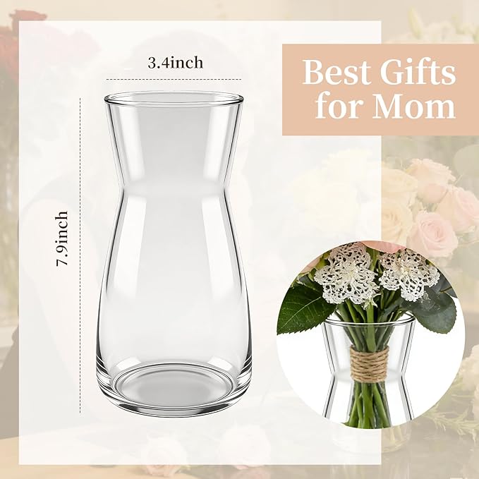 8 inch Clear Glass Flower Vases,Mom Gifts Mothers Day for Wife from Daughter Son,Birthday Gifts for Mom,Centerpiece Table Home Indoor Desk Decor
