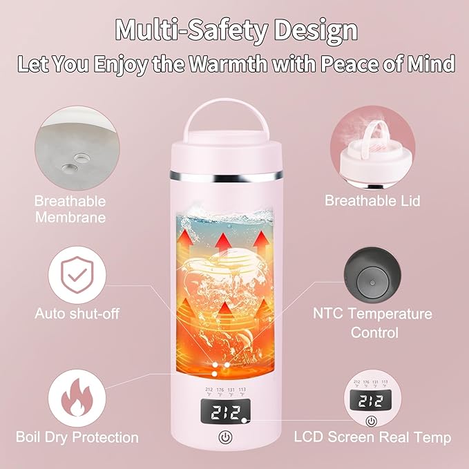 Portable Travel Electric Kettle with Plug-in Boiling & Keeps Warm via USB, 4 Temperature Settings, 304 Stainless Steel with Auto Shut-off, 16oz, Pink