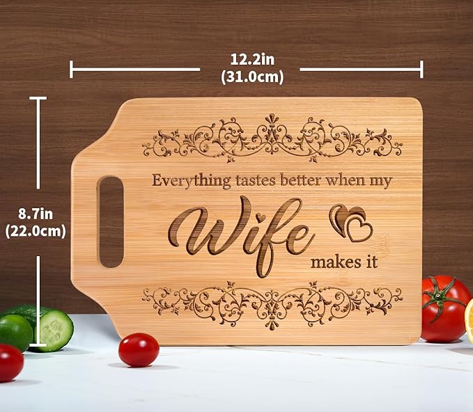 AceThrills Wife Mothers Day Gifts for Wife Birthday Gift Ideas for Wedding Anniversary, Christmas - Bamboo Cutting Board 12.3"L x 8.7"W x 0.4"Th (Everything Tastes Better)