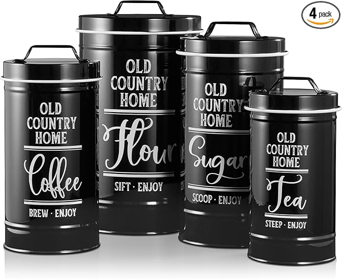 Bivvclaz Canisters Sets for the Kitchen, Airtight Kitchen Canisters for Countertop, Flour and Sugar Containers, Tea Coffee Sugar Canister Set, Coffee Bar Decor and Accessories, Set of 4, Black