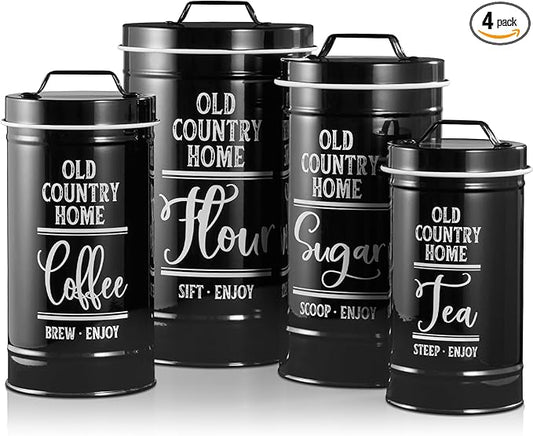 Bivvclaz Canisters Sets for the Kitchen, Airtight Kitchen Canisters for Countertop, Flour and Sugar Containers, Tea Coffee Sugar Canister Set, Coffee Bar Decor and Accessories, Set of 4, Black