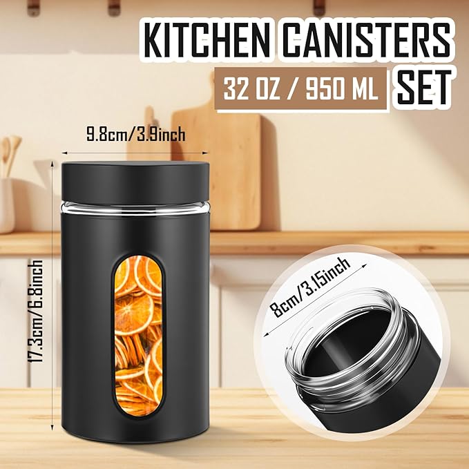 Patelai 6 Pack Kitchen Canisters Set Airtight Stainless Steel Canister Food Storage Container with Window Glass, Coffee Sugar Candy Jars Tea Organizer for Flour Cookies Spice (Black,32 oz)
