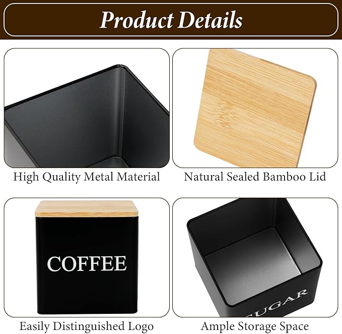 3 Pack 16oz Coffee Tea Sugar Container Set, Kitchen Canisters Set with Bamboo Lids, Stackable Food Storage Container Jars for Coffee Beans, Tea, Sugar, Flavourings, Cereals, Snacks (Black)