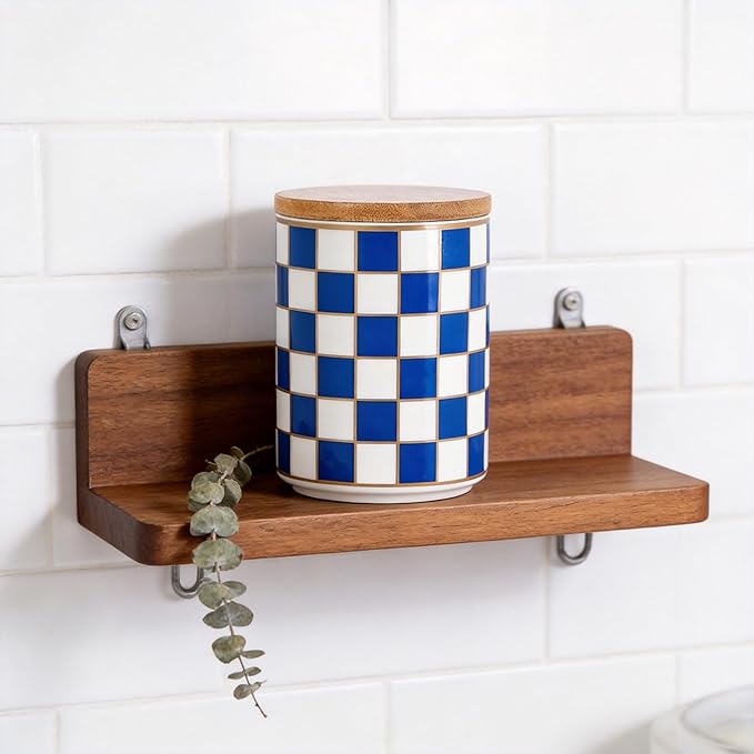 Kitchen Countertop Ceramic Checkered Canisters,Black And White Food Storage Containers With Lid,Airtight Kitchen Canisters for Flour, Sugar, Coffee, Tea, and Dry Goods (Blue, Small)
