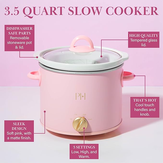 Paris Hilton 3.5-Quart Manual Slow Cooker, Features Three Settings (Low, High, Warm), Naturally Nonstick and Dishwasher Safe Stoneware Insert, Family Sized Capacity, Pink